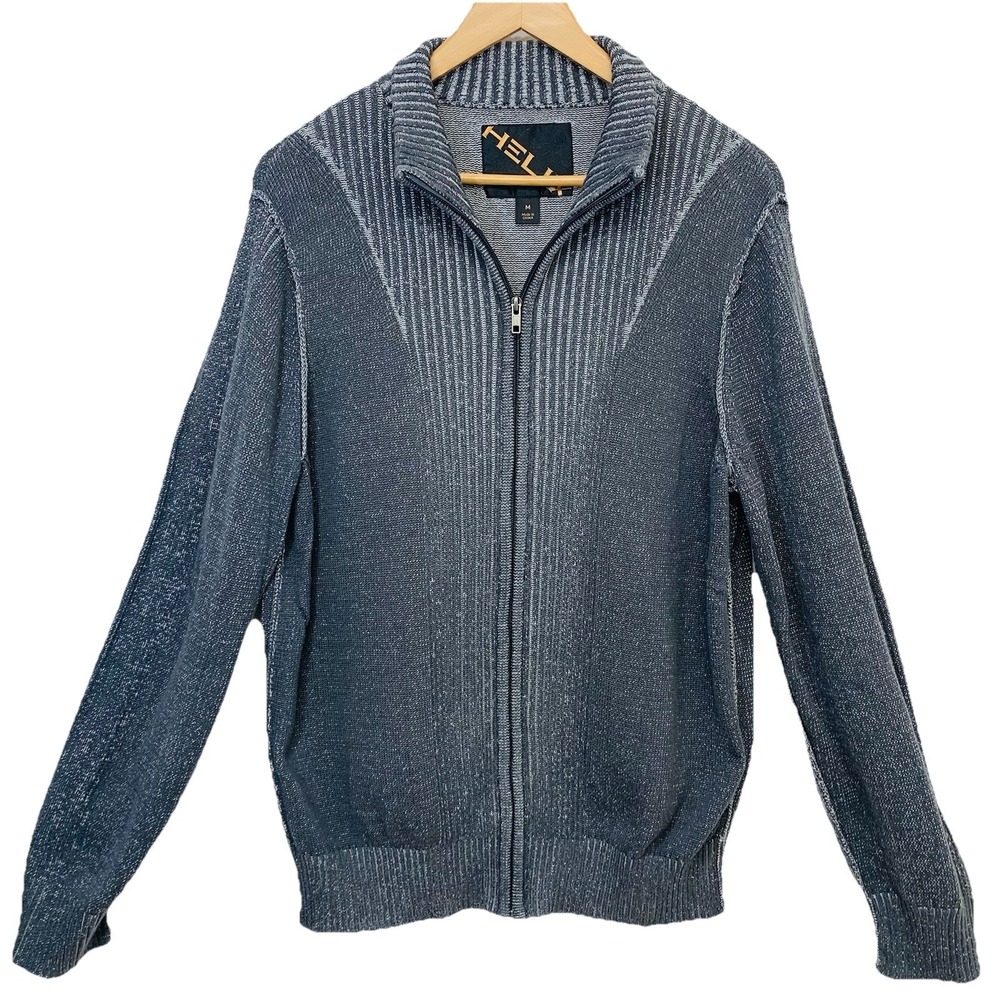 Helix Mens Full Zip Ribbed Knit Cardigan Sweater Gray Mock Neck Size M